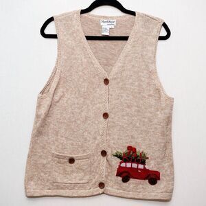 NorthStyle L womens knit holiday ivory vest car xmas tree on roof cottagecore